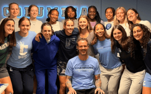 Alan Stein Jr. with the Columbia University women’s basketball team during a group training session.
