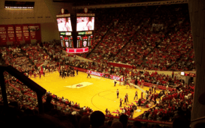 Indiana Hoosiers basketball arena filled with fans during a live college game.
