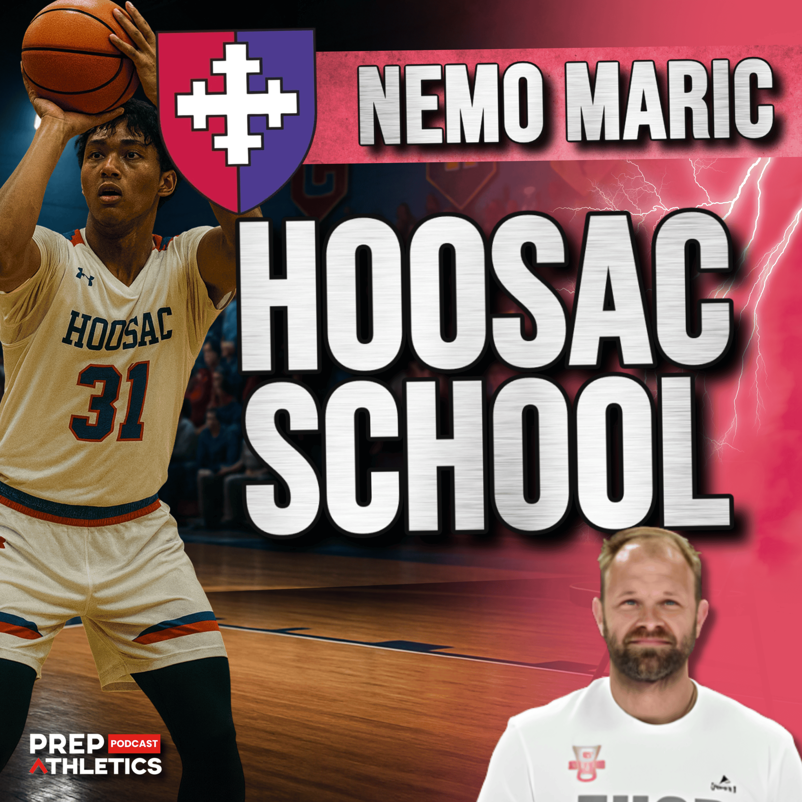 Hoosac School Basketball ft. Nemo Maric | PREP Athletics Hoosac School basketball player taking a jump shot with coach Nemo Maric featured on the right side in a PREP Athletics podcast thumbnail design.