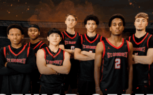 St. George’s School senior basketball players pose together ahead of their final home game at the Wood Courts.
