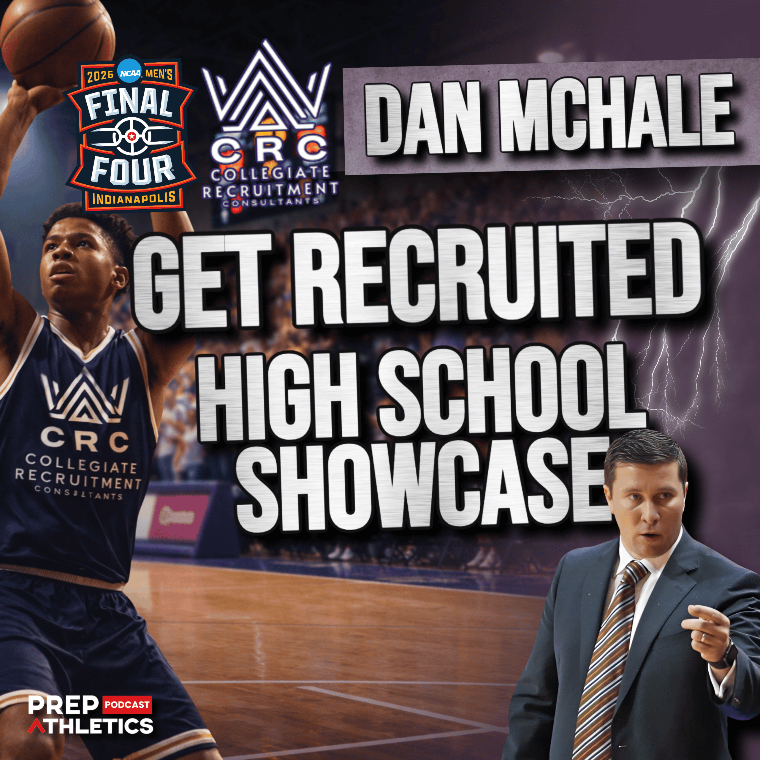 High school basketball player at a recruiting showcase with Dan McHale discussing exposure and college recruiting strategy.