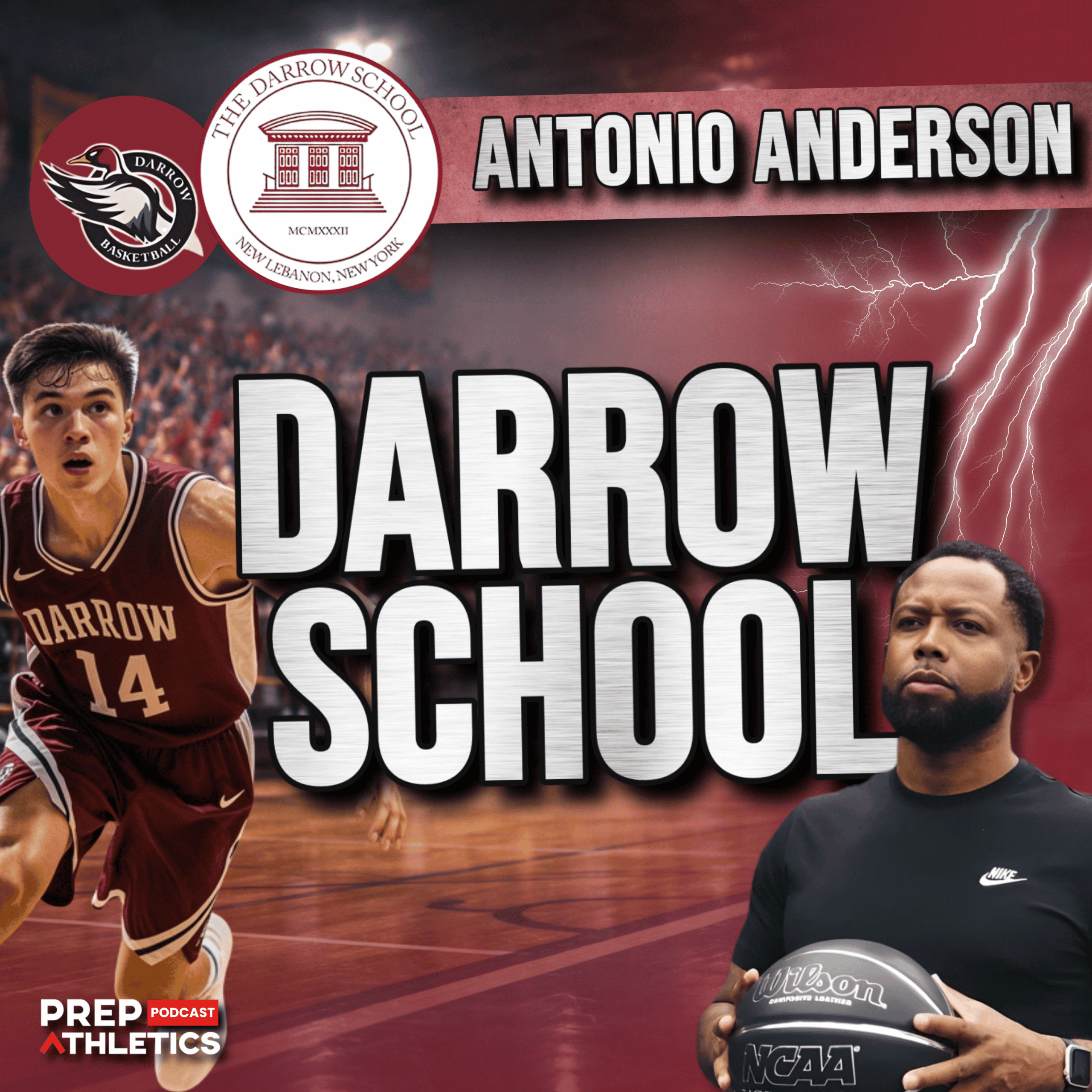 Antonio Anderson, Head Coach of Darrow School basketball, holding a basketball with a Darrow School player in action during a game, PREP Athletics Podcast feature.