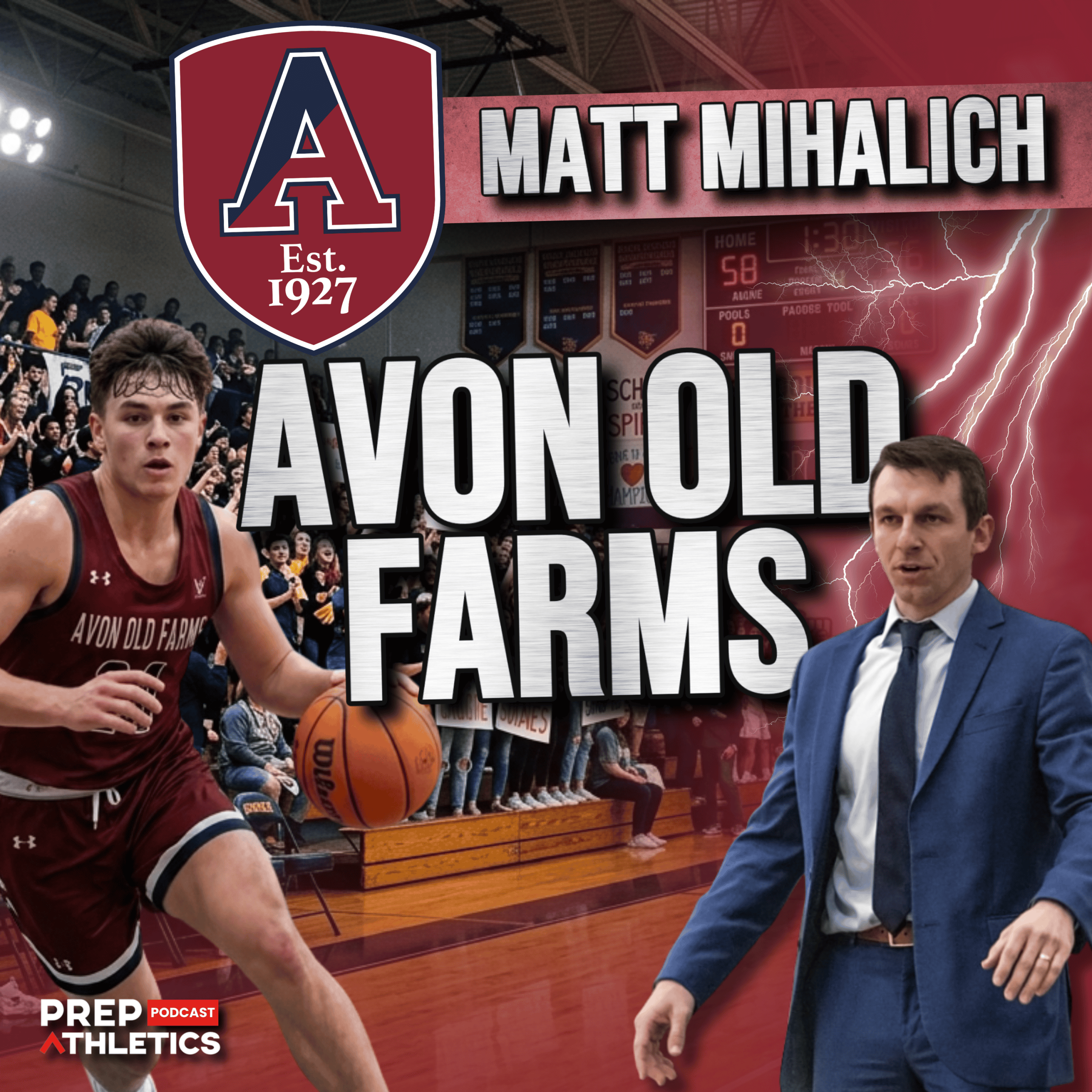 Avon Old Farms Head Coach Matt Mihalich and a player in action during a basketball game, featured on the PREP Athletics Podcast.