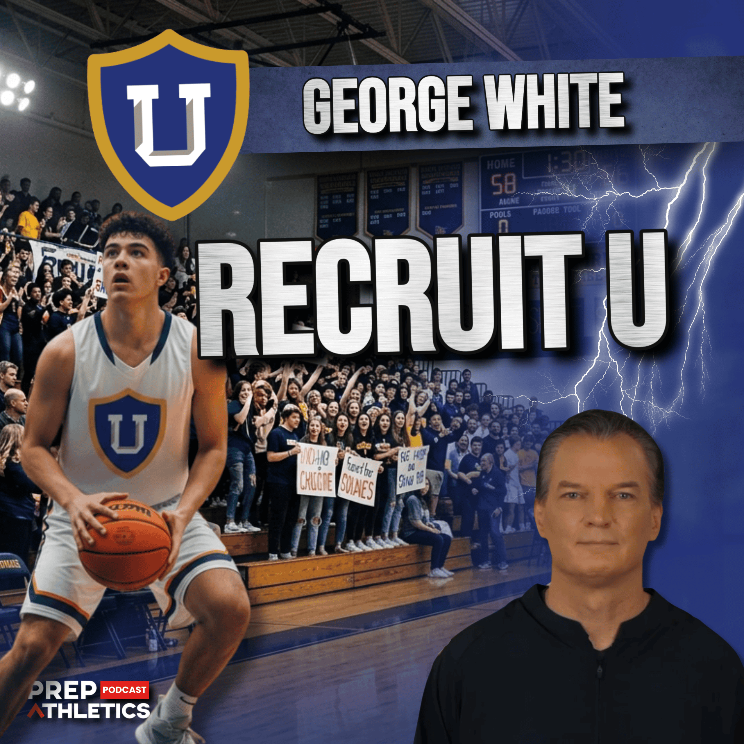 George White, founder of RecruitU and former D1 coach, discussing NCAA’s 5-and-5 rule on the PREP Athletics Podcast, with a basketball player in action and a crowd in the background.
