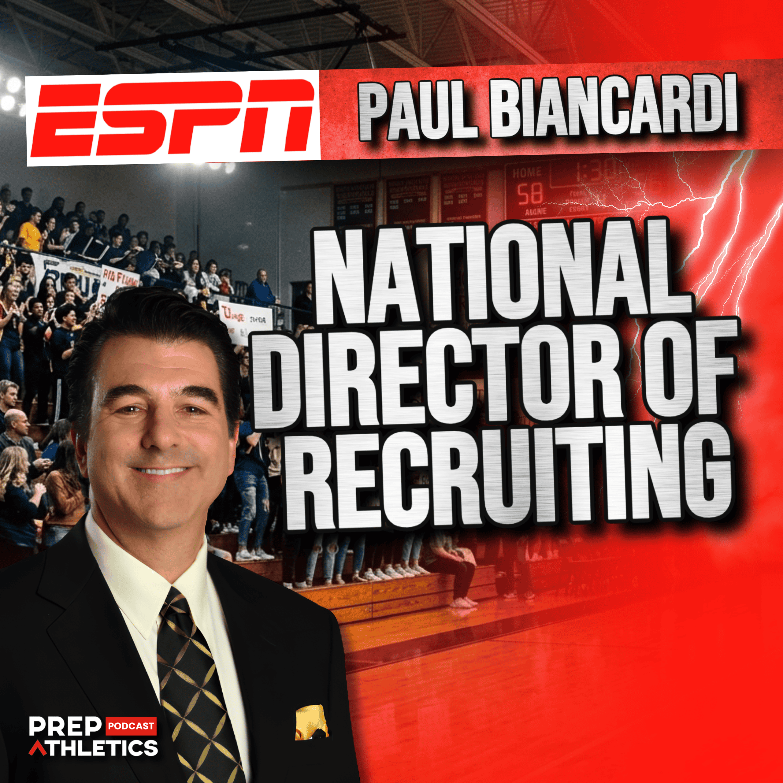 Paul Biancardi, ESPN National Director of Recruiting, featured on a PREP Athletics podcast thumbnail with a high school basketball gym background.