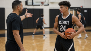 Fictional Kiski high-school forward holding a basketball while listening to a coach during practice.