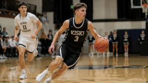 Fictional Kiski guard driving with the basketball for a guide on how to find your college basketball level.