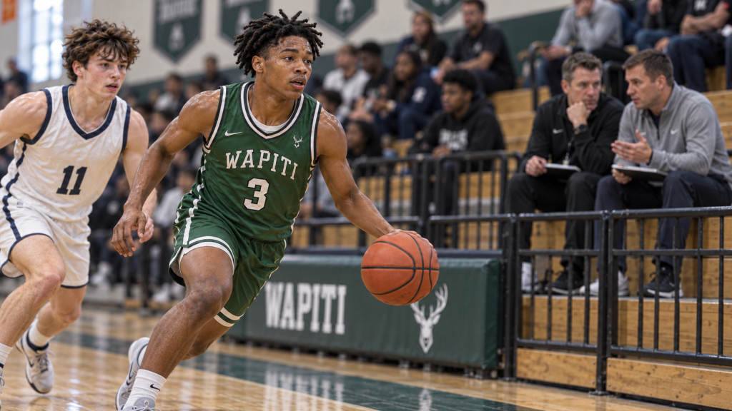 Fictional Winchendon guard drives as college coaches talk about recruits from the sideline.