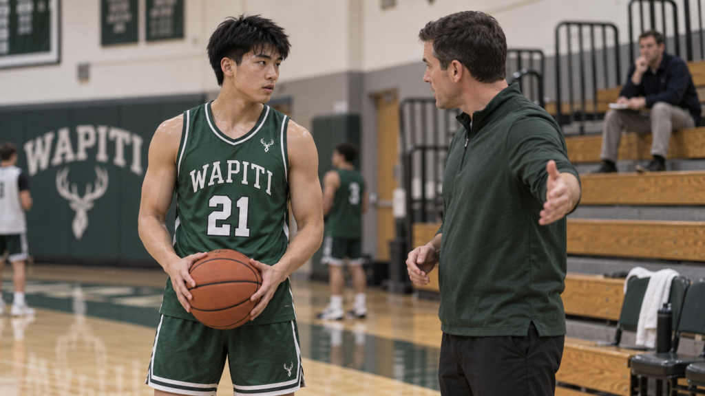 Fictional Winchendon wing listens to a prep coach during a practice break while a college evaluator watches from the bleachers.
