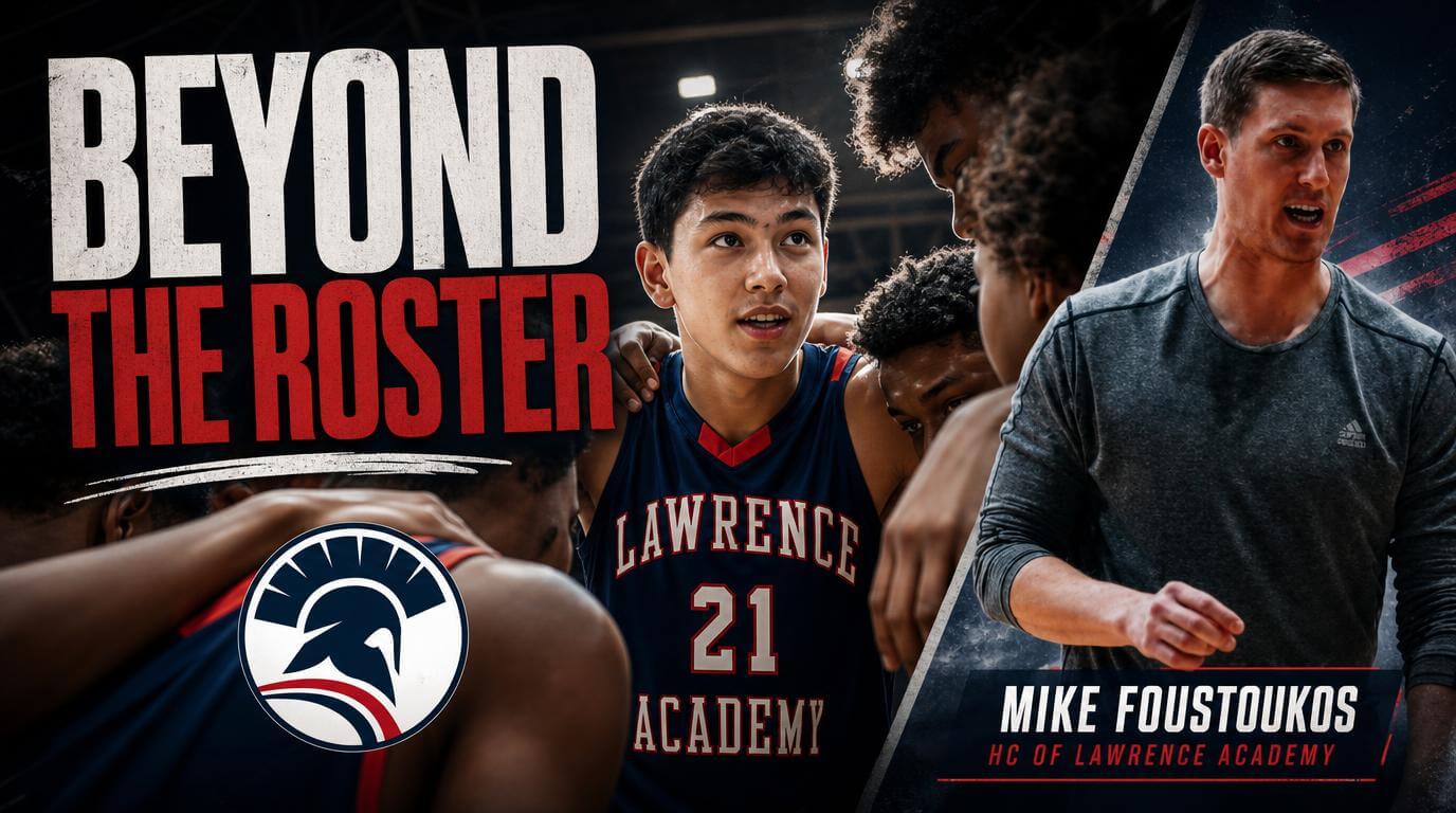 Basketball coach reviewing college options with a high school basketball player and parent near a gym.