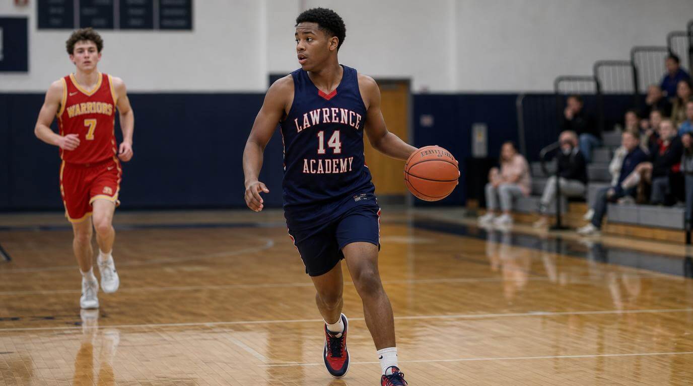 Fictional Black teenage basketball guard in a Lawrence Academy uniform dribbling into open space during a game.