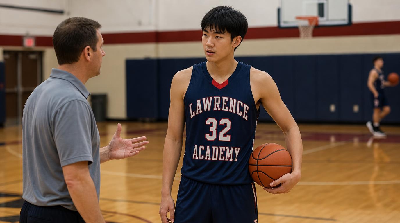 Fictional prep-school basketball player discussing college basketball fit with a coach during a practice break.